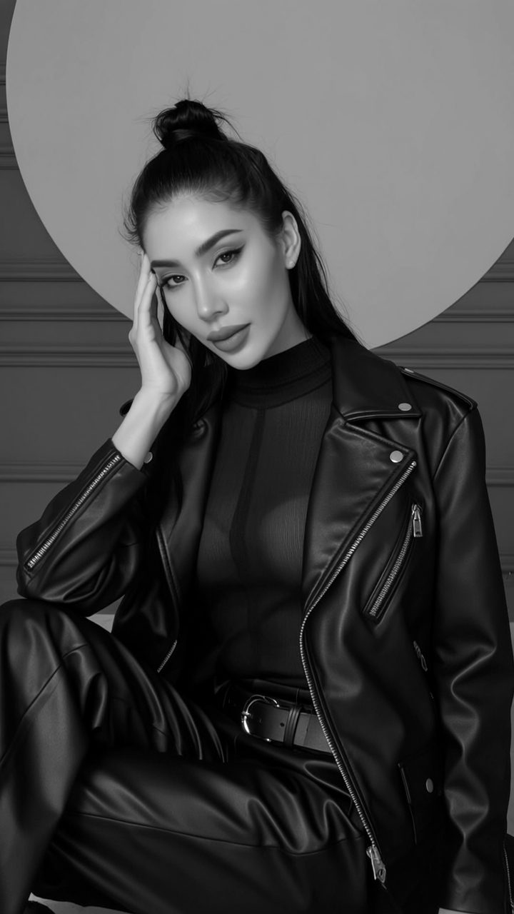 AURAA con chaqueta de cuero, retrato en blanco y negro